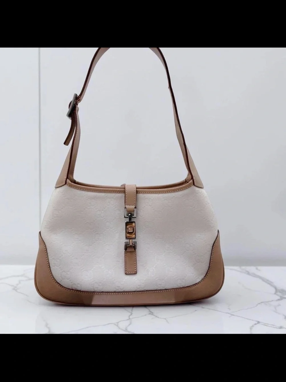 Gucci Cream and Tan Shoulder Bag with Center Clasp